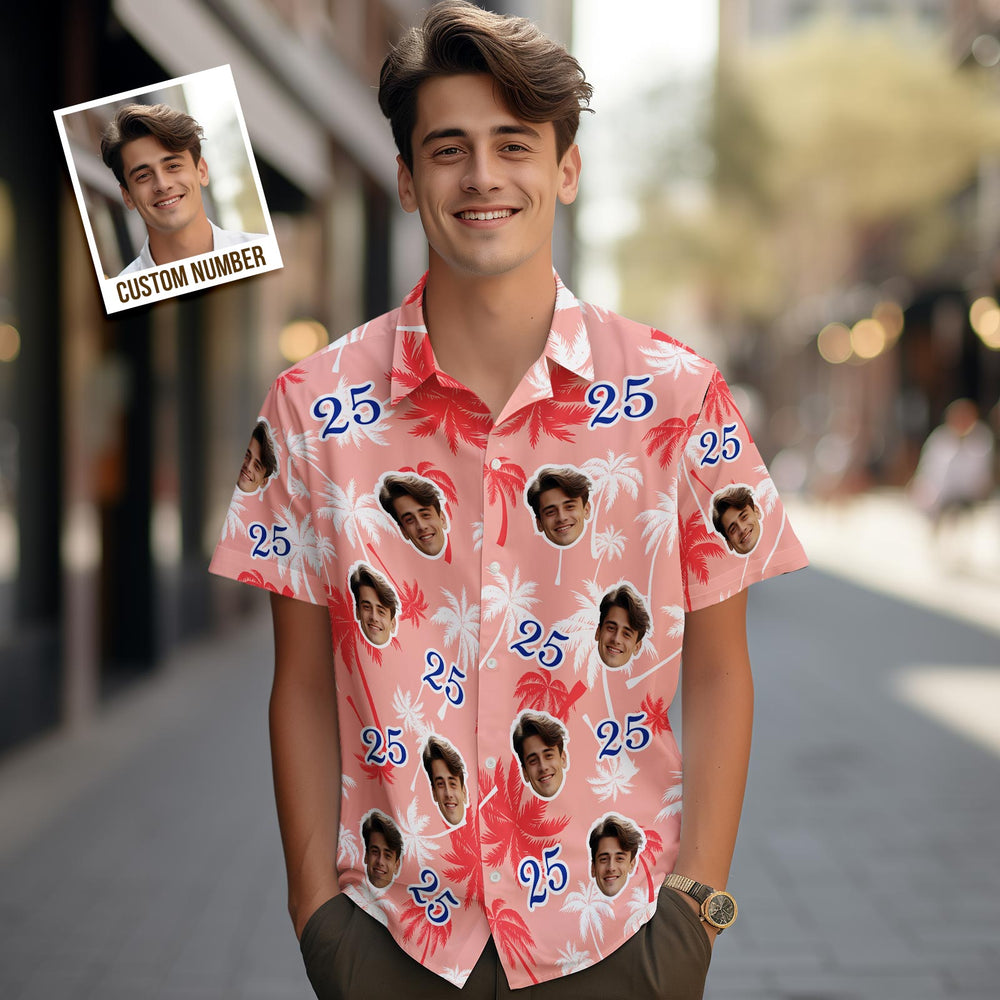 Chemises Hawaïennes D'anniversaire Personnalisées Avec Visage Et Numéro, Chemise En Cocotier Rouge Et Blanc