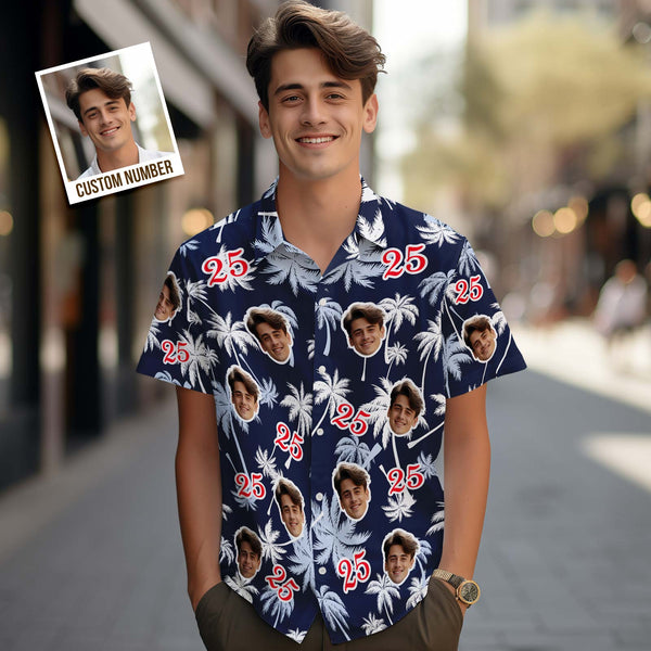 Chemises Hawaïennes Personnalisées Avec Visage Et Numéro D'anniversaire, Cadeau D'anniversaire Pour La Fête Des Pères, Chemise En Cocotier Rouge Et Blanc