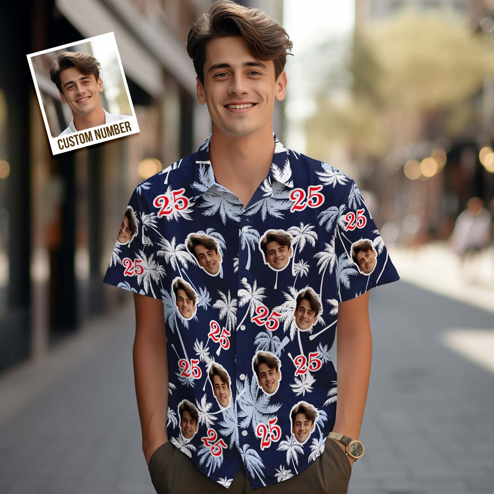 Chemises Hawaïennes Avec Visage Et Numéro Personnalisés, Cadeau D'anniversaire Pour La Fête Des Pères, Chemises En Cocotier Rouge Et Blanc Pour Papa