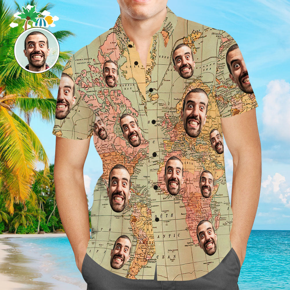 Chemises hawaïennes à manches courtes pour hommes, imprimées avec une carte du monde personnalisée.