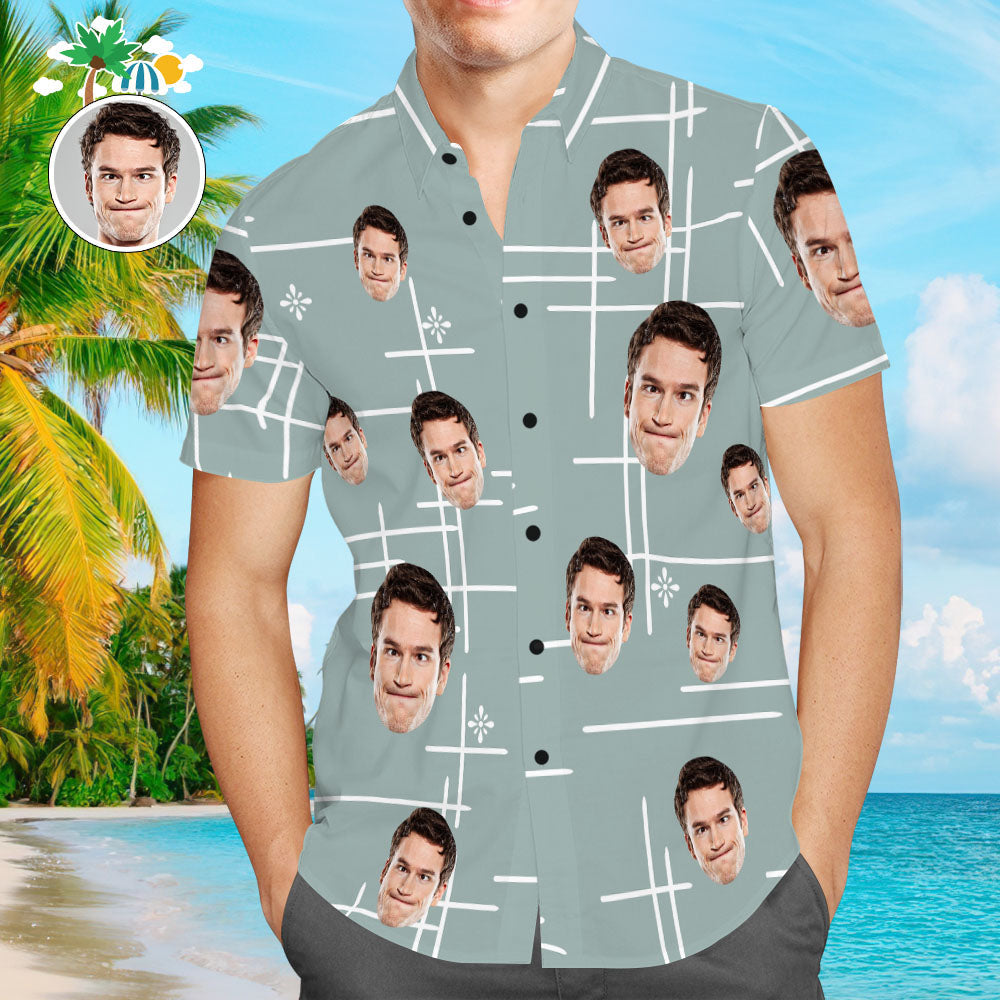 Chemise hawaïenne vintage à manches courtes pour hommes, avec visage personnalisé et dessin au trait.