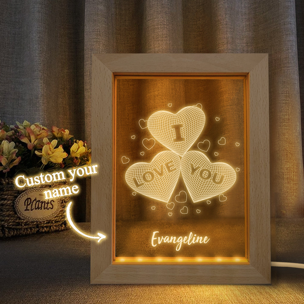 Lumière De Cadre En Bois Personnalisée Cadeau De Veilleuse 3d Trois Coeurs Personnalisé Pour Les Amoureux